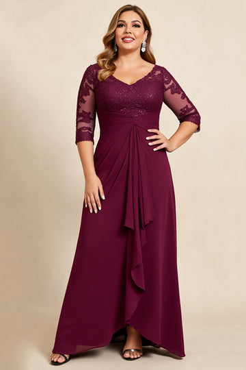 Burgundy V-Neck Chiffon Lace Ruffles Plus Size Mother of the Bride Dress